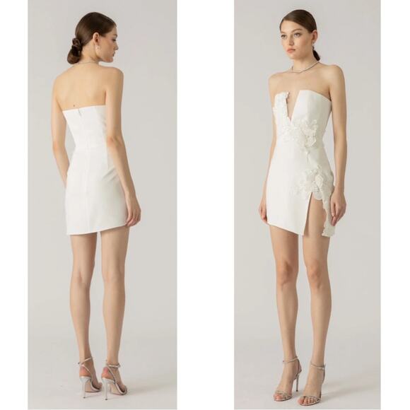 Sau Lee Fleur Floral Appliqué White Strapless Mini Dress Size 4 - Picture 2 of 10